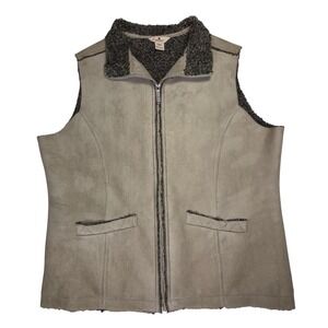 Woolrich Sherpa Fleece Vest Womens XL Khaki Full Zip Outdoor Hiking Cabin Cozy